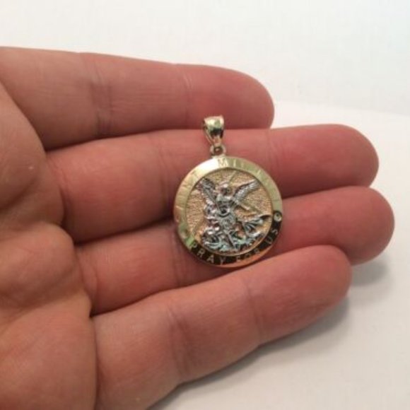 10K YELLOW REAL SOLID GOLD MEDALLION PENDANT SAINT MICHAEL PRAY FOR US 3.40 GR - Picture 5 of 8
